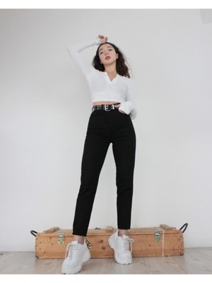 Livik  Kadın Özel Tasarım Siyah Boyfriend Likralı  Kot Pantolon -Siyah Mom Jean Pantolon Solmaz Siyah