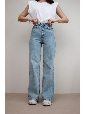 Ramrod Tilya Mavi Likralı Süper Yüksek Bel Salaş Jeans Palazzo Pantolon-Wide Leg