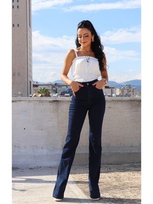 Ramrod  Paula Koyu Mavi Ispanyol Paça Yüksek Bel  Kot Pantolon (Toparlayıcı)