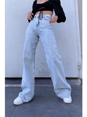 Livik Abella Likralı 90's Kadın Mavi Kar Süper Yüksek Bel Bol Paça Denim Kot Palazzo Pantolon