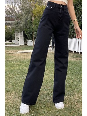 Trn JNS Trn JNS Kadın Siyah Süper Yüksek Bel Bol Paça Jeans - Likralı Wide Leg Kot Pantolon