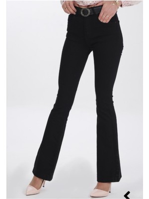 Ramrod Kadın Yüksek Bel Ispanyol Paça Solmayan Siyah Kot Pantolon Jean