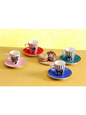 Porland Wild Life 4 Kişilik Kahve Takımı 80cc Desenli Porselen Renkli 8 Parçalı Set