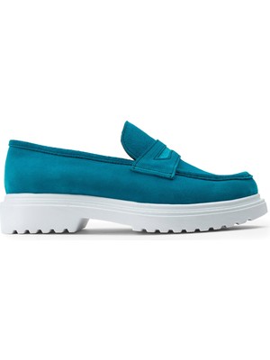 Deery Hakiki Süet Turkuaz Loafer Kadın Ayakkabı