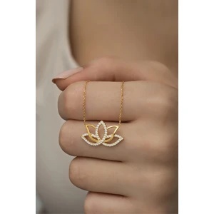 925 Ayar Gümüş Gold Zirkon Taşlı Lotus Çiçeği Kolye