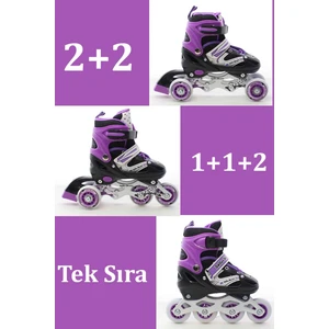 Mor Ayarlanabilir 2+2 Işıklı Metal Alıştırma Pateni Taşıma Çantalı