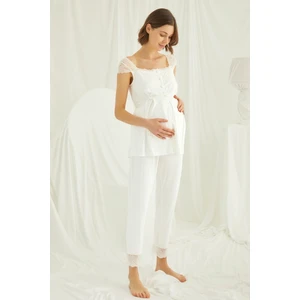 Ekru Dantelli Önü Düğmeli Hamile Lohusa Pijama Takımı