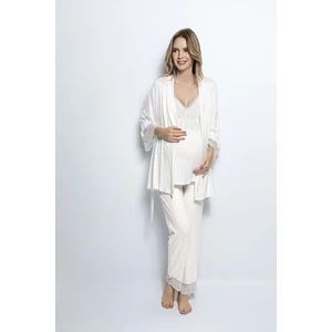 Ekru Sabahlıklı Hamile Lohusa Pijama Takımı