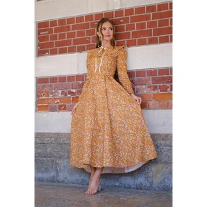 Küçüğüm Butik Uzun Kollu Vintage Seyyar Yakalı Hardal Çiçekli Balon Kol Kloş Elbise