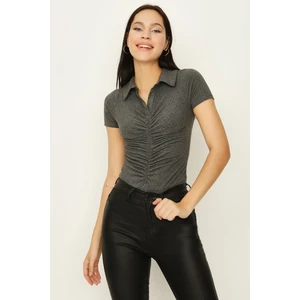 Select Moda Kadın Önü Büzgülü Örme Alttan Çıtçıtlı Body