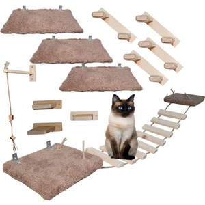 Barış Dizayn 12 Parça Doğal Ahşap Peluş Kedi Oyun Merdiveni Seti Köprü Platform Oyun Duvarı (Set3) 2 Renk