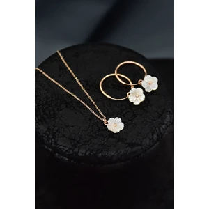 Papatya Silver 925 Ayar Gümüş Rose Kaplama Sedef Manolya Çiçeği Kolye ve Halka Küpe Set