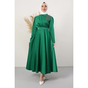 Giza Store Omzu Taşlı Saten Abiye Yeşil