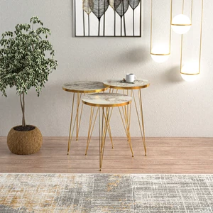 Ege Modüler Efes Gold Metal Ayaklı Gold Detaylı 3 Lü Zigon Sehpa Yuvarlak