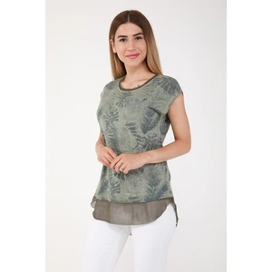 Sea Moda Yaprak Desen Etek Ucu Şifon Yağ Yıkama Tshirt-Yeşil
