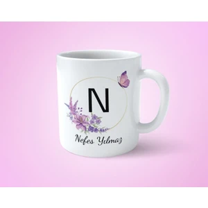 Hesaplısı Burada Kişiye Özel N Baş Harfli Isimli Mor Çerçeveli Beyaz Kupa Bardak-1