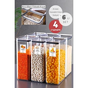 Nandy Home 6'lı Set Etiketli, Silikon Contalı Dikdörtgen Erzak Saklama Kabı Seti 4 Lt Şeffaf