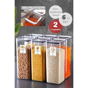 Nandy Home 6'lı Set Etiketli, Silikon Contalı Kare Erzak Saklama Kabı Seti 2 Lt Şeffaf