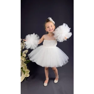 Buse & Eylül Bebe Beyaz Ponpon Kollu Pullu Kız Çocuk Abiye