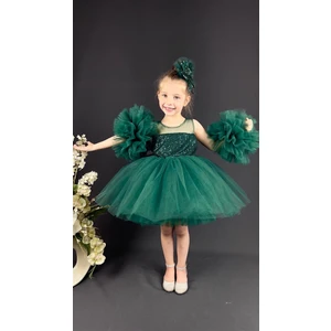 Buse & Eylül Bebe Yeşil Ponpon Kollu Pullu Kız Çocuk Abiye