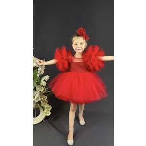 Buse & Eylül Bebe Kırmızı Ponpon Kollu Pullu Kız Çocuk Abiye