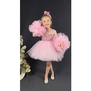 Buse & Eylül Bebe Pembe Ponpon Kollu Pullu Kız Çocuk Abiye