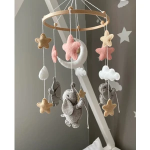 Keçeli Bebek Balonlu Sevimli Fil Temalı % 100 El Yapımı Bebek Beşik Süsü Dönence