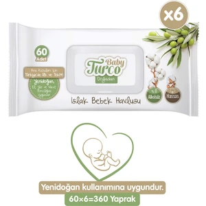 Baby Turco Doğadan Yenidoğan Islak Bebek Havlusu 6 x 60 Yaprak