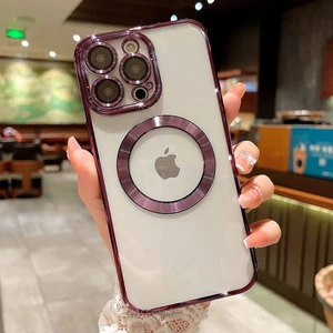 M.TK Moveteck Apple Iphone 14 Pro Uyumlu Kılıf Kamera Lens Korumalı Derin Mor Kenarlı Parlak Magsafe Halkalı Wireless Şarj Özellikli Renkli Magsafe Halkalı Clear Gbox Pixel