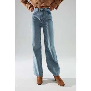 Albert  Kadın Mavi Kar Yıkama Süper Yüksek Bel Likralı Bol Paça Denim Kot Pantolon