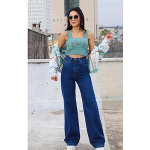 Kadın Ripley  Koyu Mavi Likralı Yüksek Bel Bol Paça Kot Pantolon