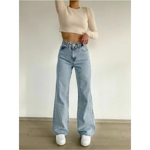 Kadın Gwen Kar Yıkama Likralı Yüksek Bel Bol Paça Kot Pantolon