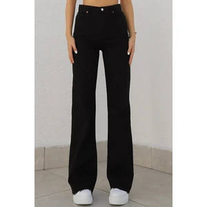 Della Siyah Süper Likralı Süper Yüksek Bel Bol Paça Salaş -Kot Pantolon