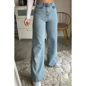 Kadın Açık Mavi Kar Yıkama Süper Yüksek Bel Bol Paça Denim Kot Pantolon ( Likralı / Salaş)