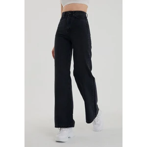 Solmayan Karla Siyah Likralı Süper Yüksek Bel Wide Leg Jean Salaş Geniş Paça Kot Pantolon
