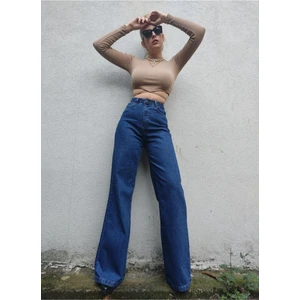 Trn JNS  Maddox Koyu Mavi Likralı  Salaş Wide Leg  Yüksek Bel Kot Pantolon- Bol Kesim