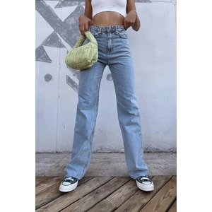 Trn JNS Kar Yıkama Likralı  Salaş Wide Leg  Jean - Yüksek Bel Solmaz Kumaş Kot Pantolon