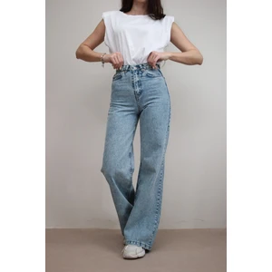 Kadın Mavi Kar Yıkama Salaş  Yüksek Bel Likralı Bol Paça Denim Kot Pantolon