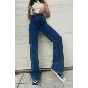 Adolphe Koyu Mavi Yüksek Bel Bol Paça Likralı  Yumuşak Kot Pantolon- Wide Leg