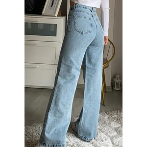 Özel Tasarım Kadın Mavi Kar Yıkama Süper Yüksek Bel Likralı Bol Paça Denim Kot Pantolon