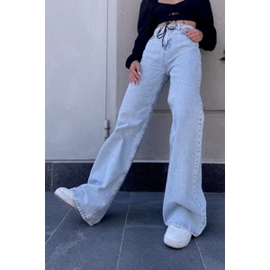 Ablack Açık Mavi Kar Yıkama Süper Yüksek Bel Bol Paça Denim Kot Pantolon