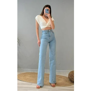 Oprah Mavi Kar Yıkama Yüksek Bel Bol Paça Denim Kot Pantolon- Geniş Paça