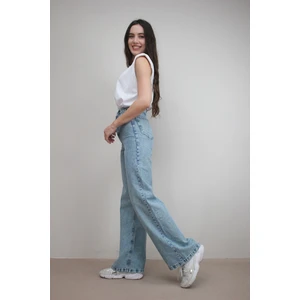 Kadın Mavi Kar Yıkamalı  Wide Leg Jeans Salaş  Bol Paça  Kot Pantolon