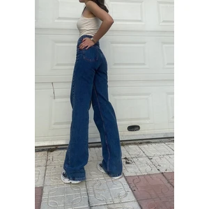 Luga Koyu Mavi Likralı Süper Yüksek Bel Salaş Jeans Palazzo Pantolon- Bol Paça