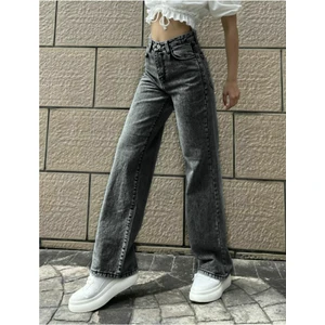 Kadın Füme Kar Yıkamalı  Süper Yüksek Bel  Geniş Paça Jean Likralı Salaş Kot Pantolon (Wide Leg)