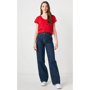 Koyu Mavi Bol Paça Likralı Kadın Yüksek Bel Bol Paça Denim Kot Palazzo Pantolon