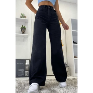 Kadın  Siyah Yüksek Bel Likralı Bol Paça  Kot Pantolon- Wide Leg, Palazzo