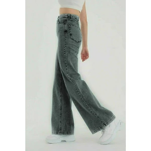 Lucıfer Füme Yüksek Bel Bol Paça Denim Kot Pantolon