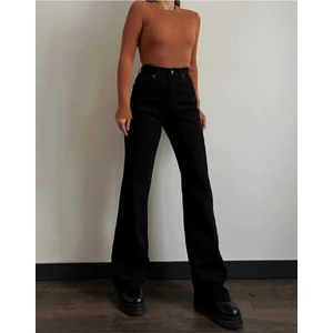 Kadın Efsa Yüksek Bel Likralı Siyah Geniş Paça Kot Pantolon