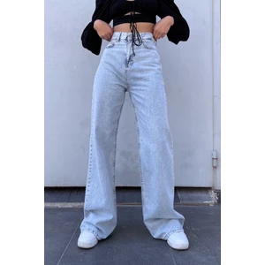 Bhava Mavi Likralı Kadın Yüksek Bel Bol Paça Denim Kot Palazzo Pantolon